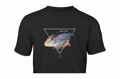 Black t-shirt with a fish graphic on a white background