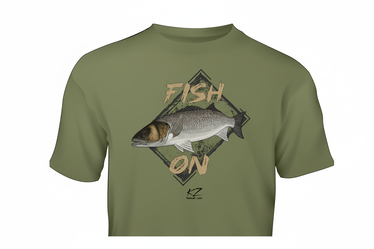 Green t-shirt with sea bass fish graphic and 'Fish On' text on a modern background