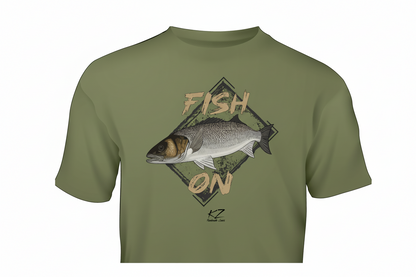 Green t-shirt with sea bass fish graphic and 'Fish On' text on a modern background