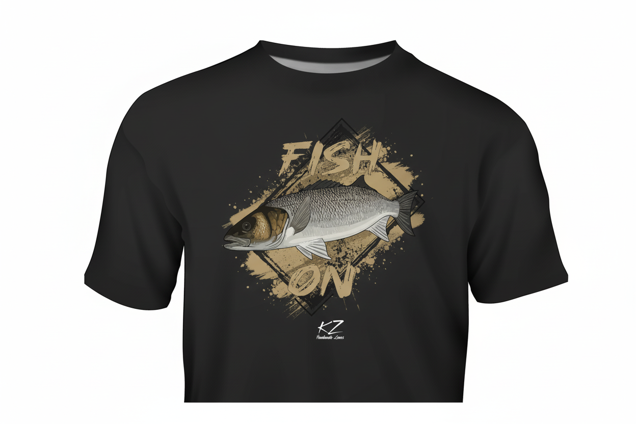 Black t-shirt with sea bass fish graphic and 'Fish On' text on a modern background