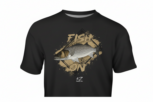 Black t-shirt with sea bass fish graphic and 'Fish On' text on a modern background